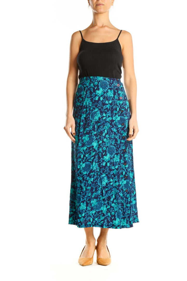 Blue Floral Print Holiday Midi Skirt