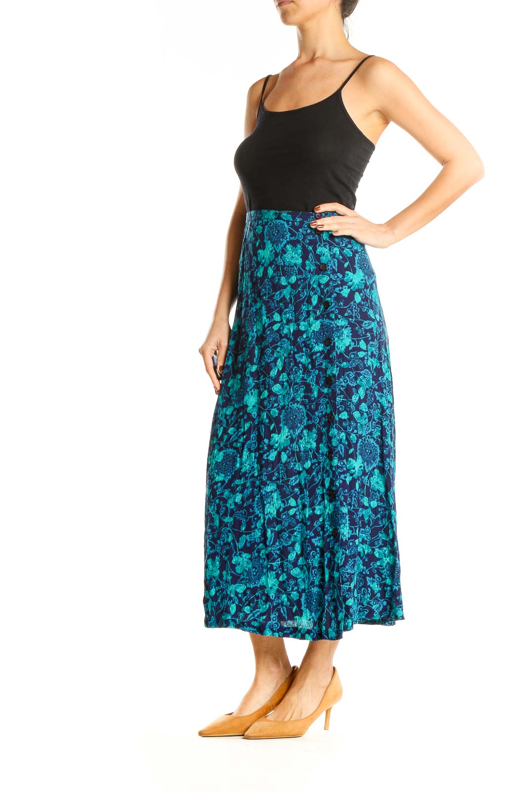 Blue Floral Print Holiday Midi Skirt