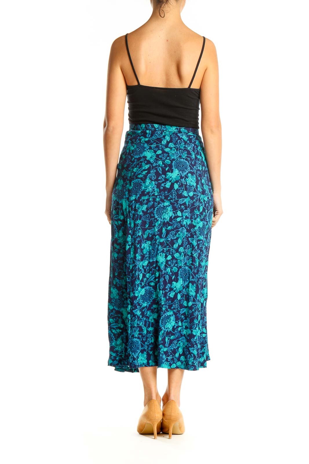 Blue Floral Print Holiday Midi Skirt