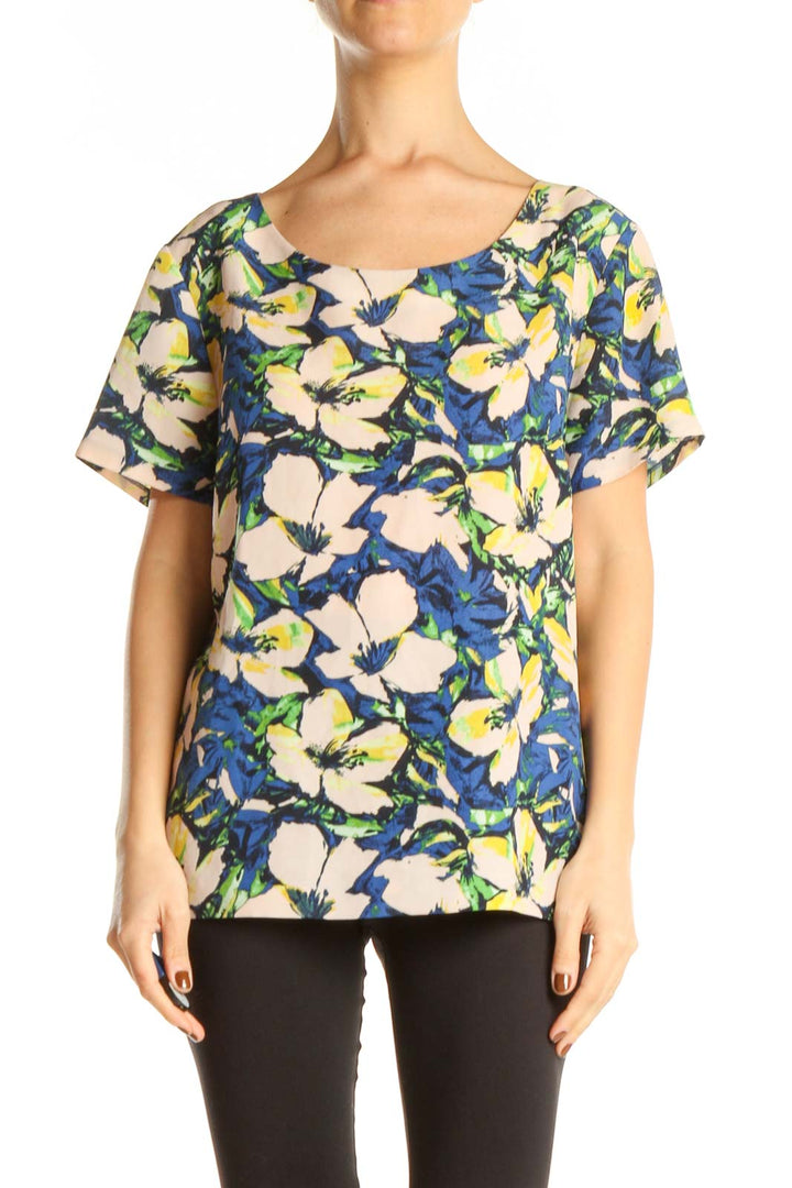 Blue Beige Floral Print Top