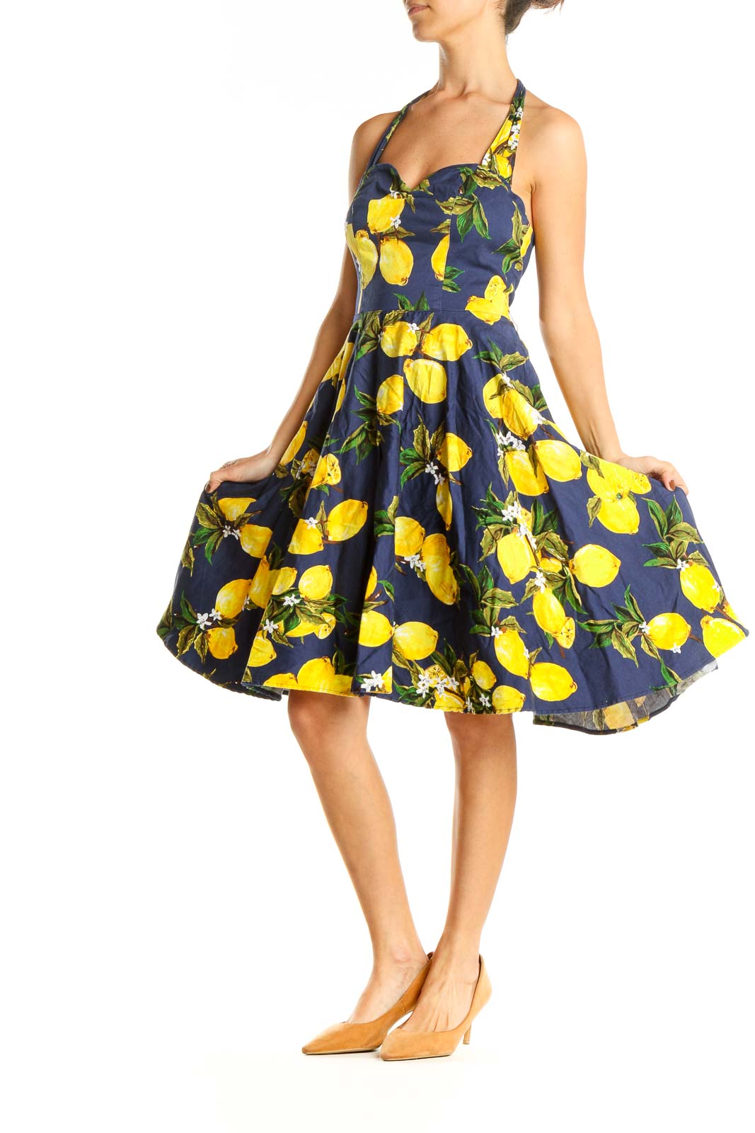 Blue Yellow Printed Retro Fit & Flare Dress