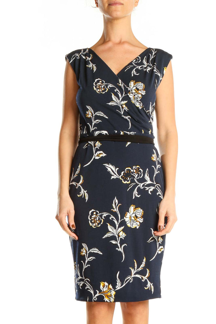 Blue Floral Print Work Sheath Dress