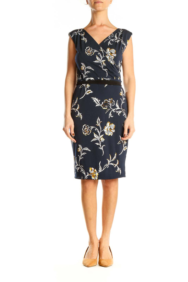 Blue Floral Print Work Sheath Dress