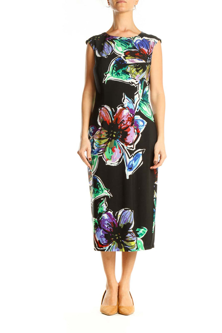 Black Floral Print Column Dress