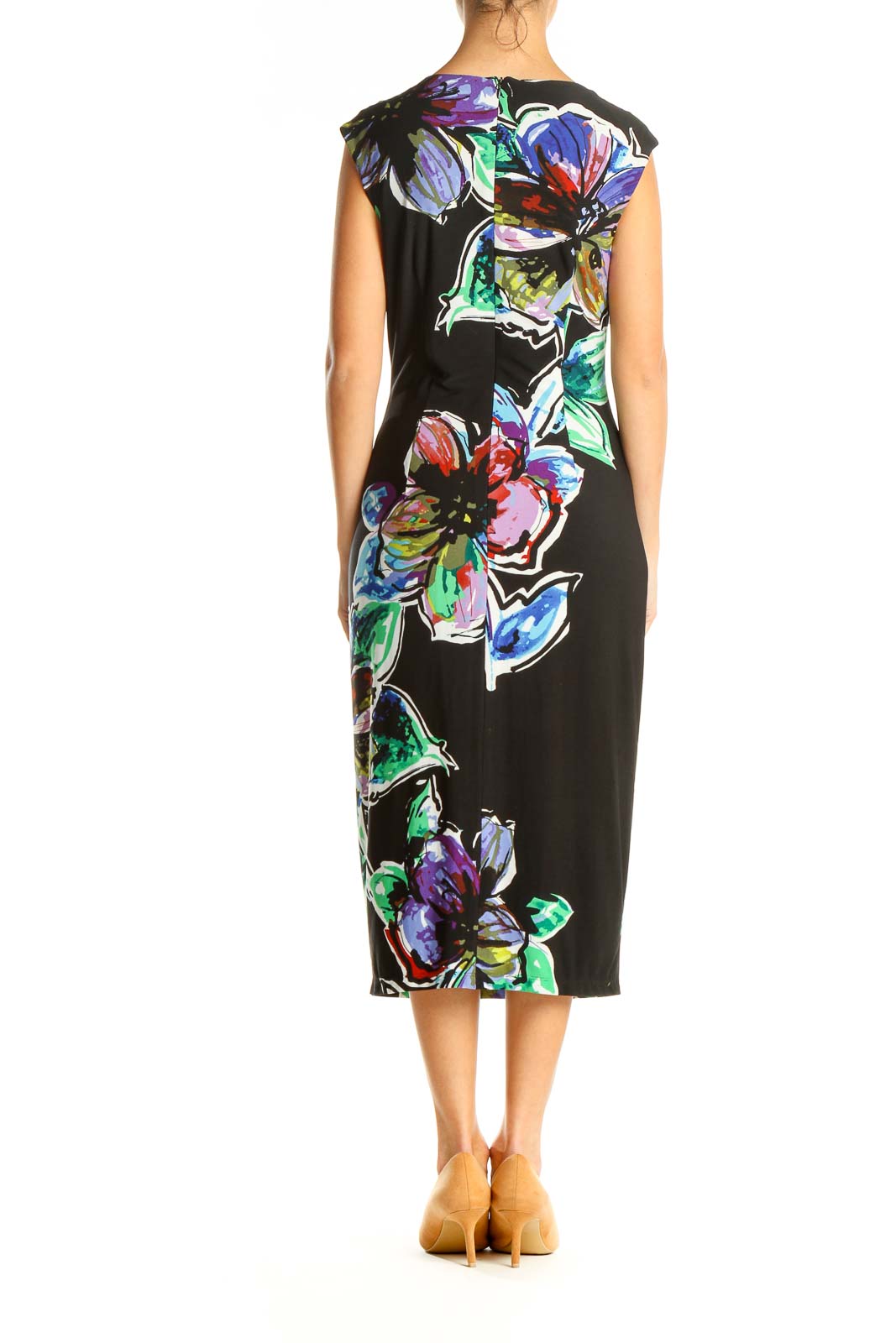 Black Floral Print Column Dress