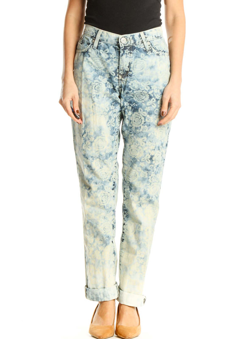 Blue Acid Wash Printed Straight Leg Jeans