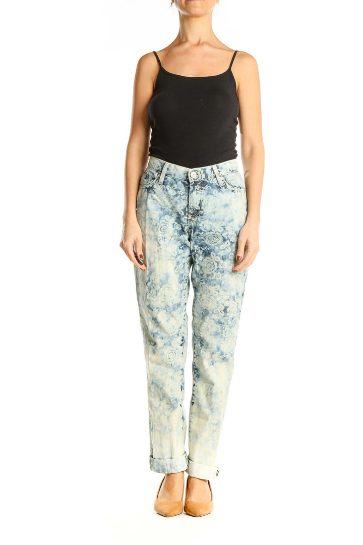 Blue Acid Wash Printed Straight Leg Jeans