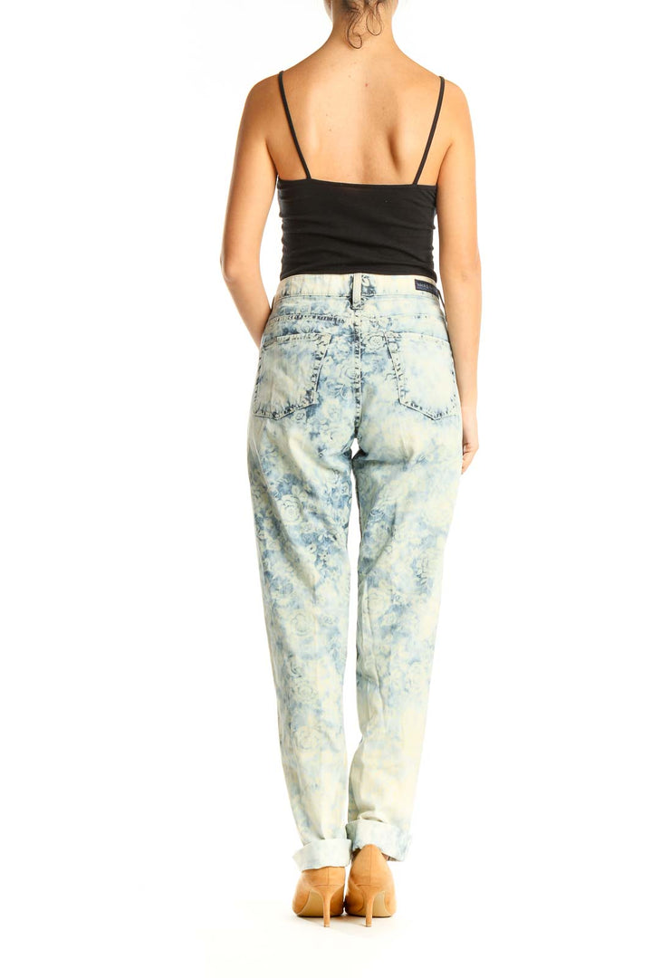 Blue Acid Wash Printed Straight Leg Jeans