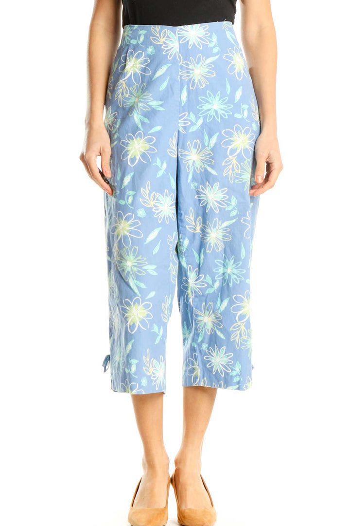 Blue Floral Print Casual Capri Pants