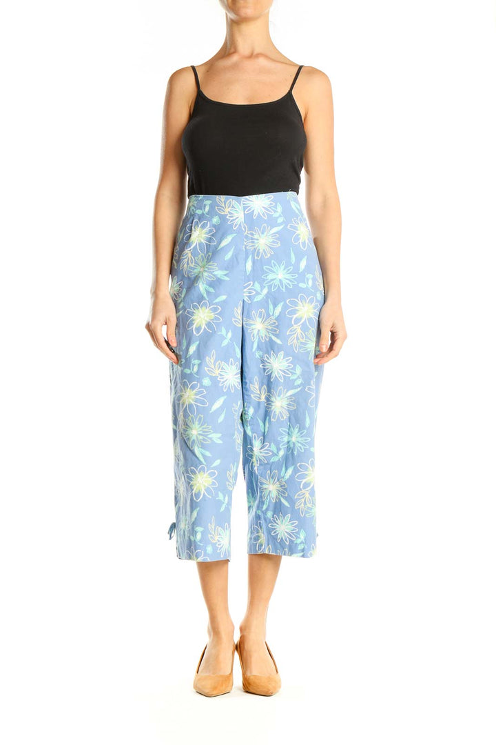 Blue Floral Print Casual Capri Pants