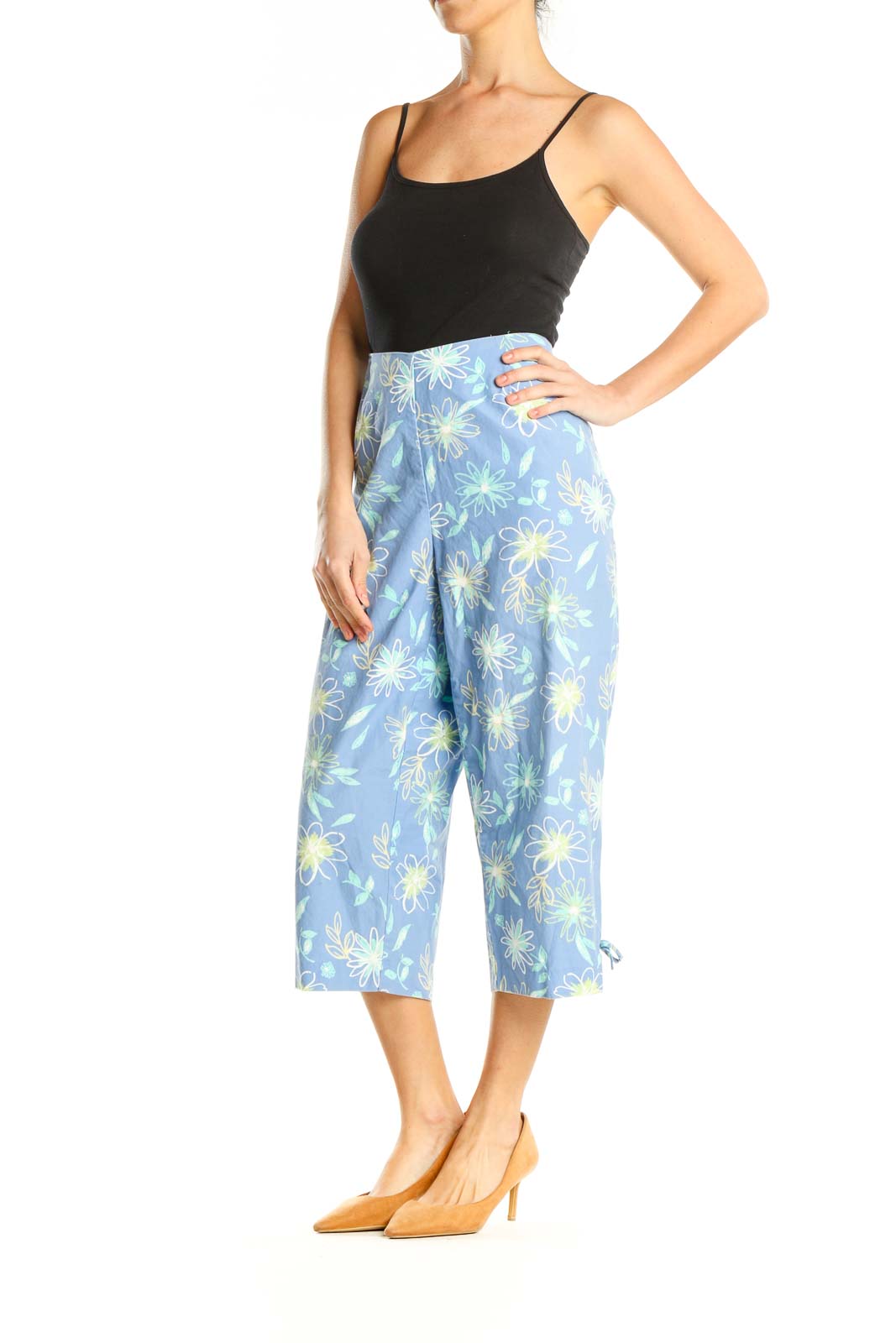 Blue Floral Print Casual Capri Pants