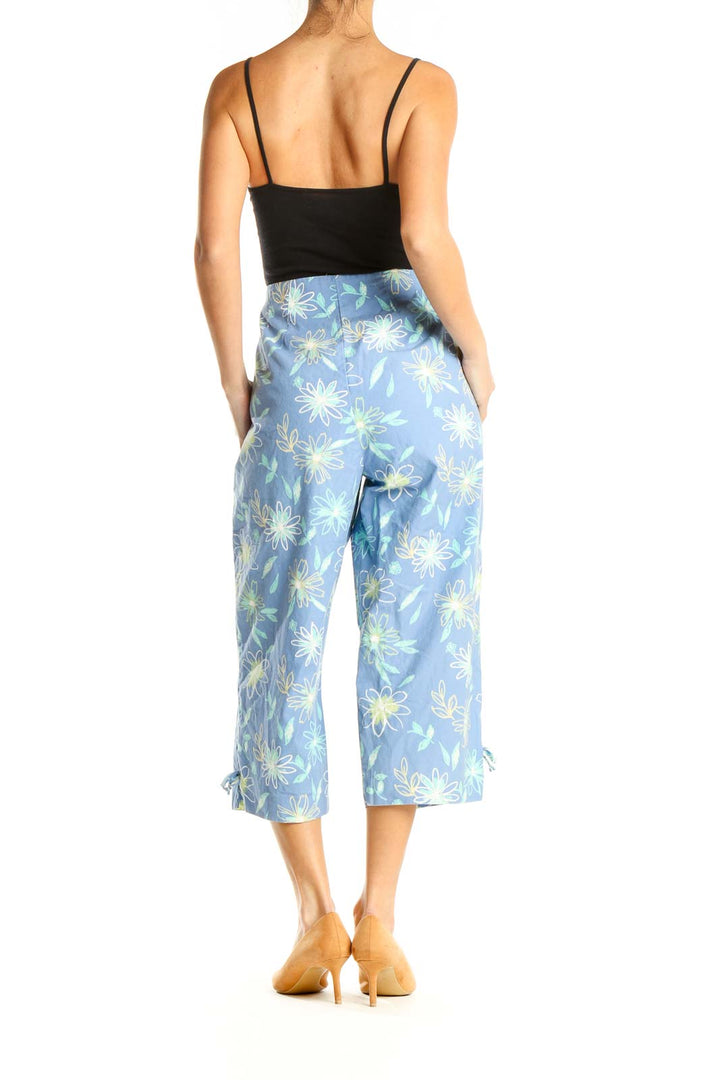 Blue Floral Print Casual Capri Pants