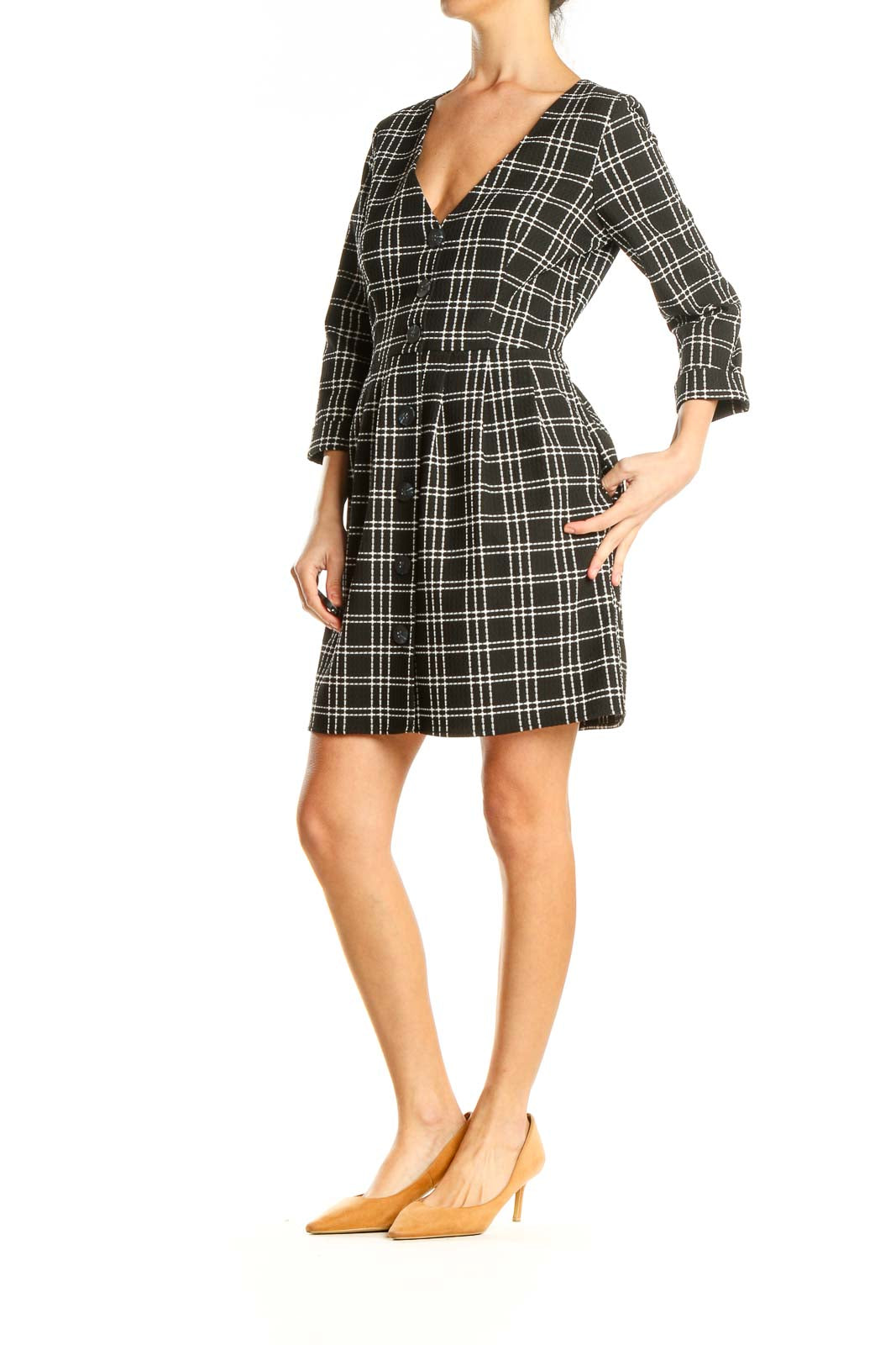 Black Checkered Classic Fit & Flare Dress