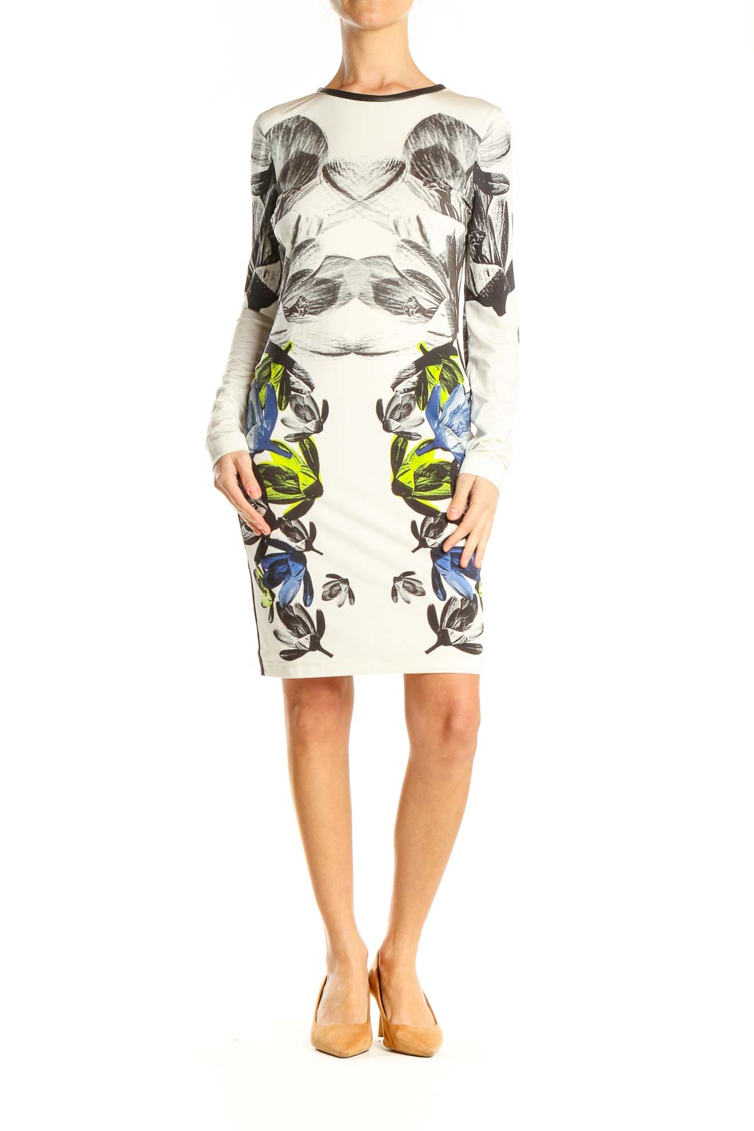 White Graphic Print Sheath Dress