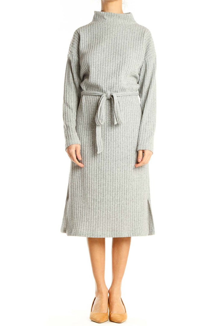 Gray Knit Tie A-Line Dress