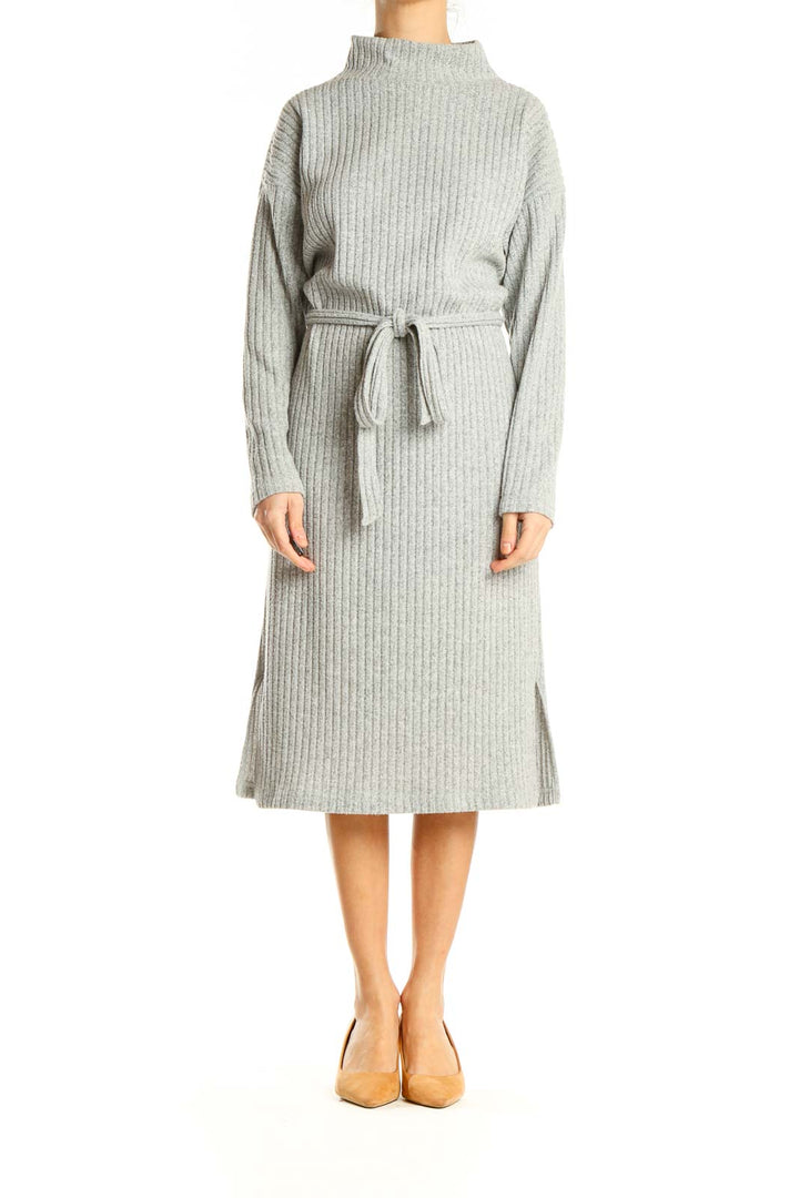 Gray Knit Tie A-Line Dress