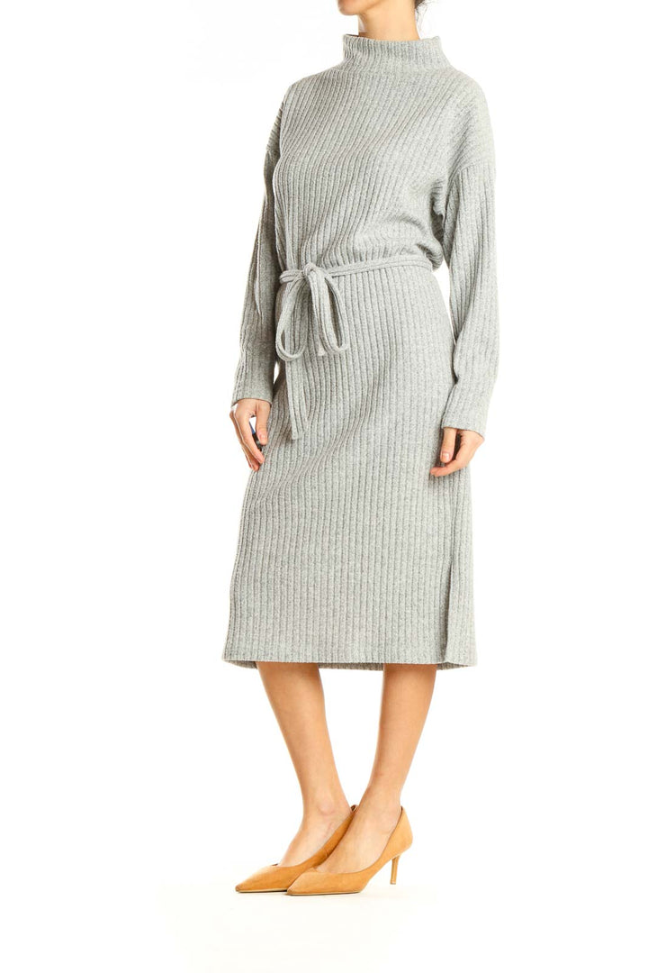 Gray Knit Tie A-Line Dress