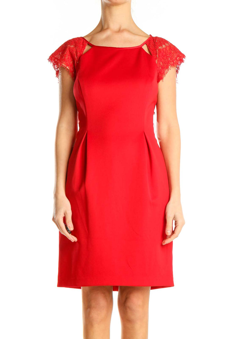 Red Classic Sheath Lace Sleeve Dress