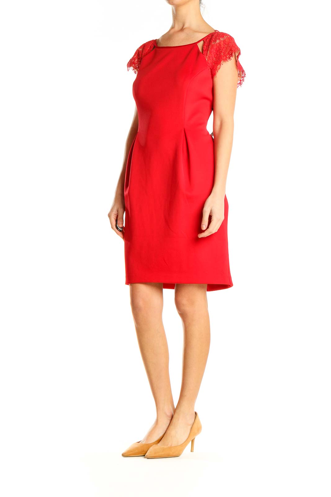 Red Classic Sheath Lace Sleeve Dress