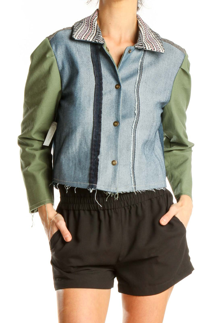 Reworked: Cropped jacket with raw finish, army green sleeves, snap buttons