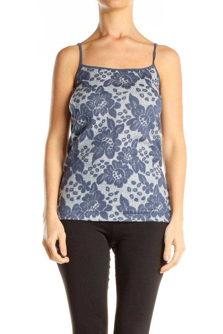 Blue Floral Print Casual Tank Top