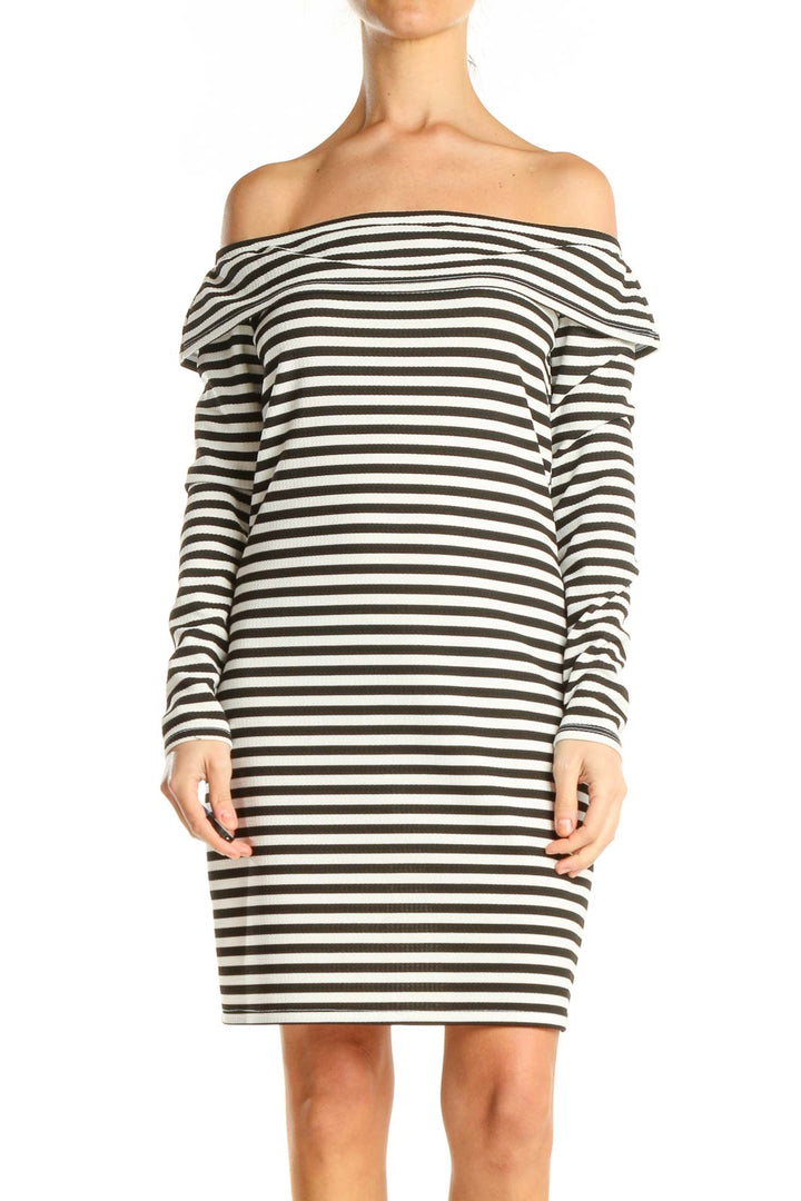 White Striped Off The Shoulder Shift Dress