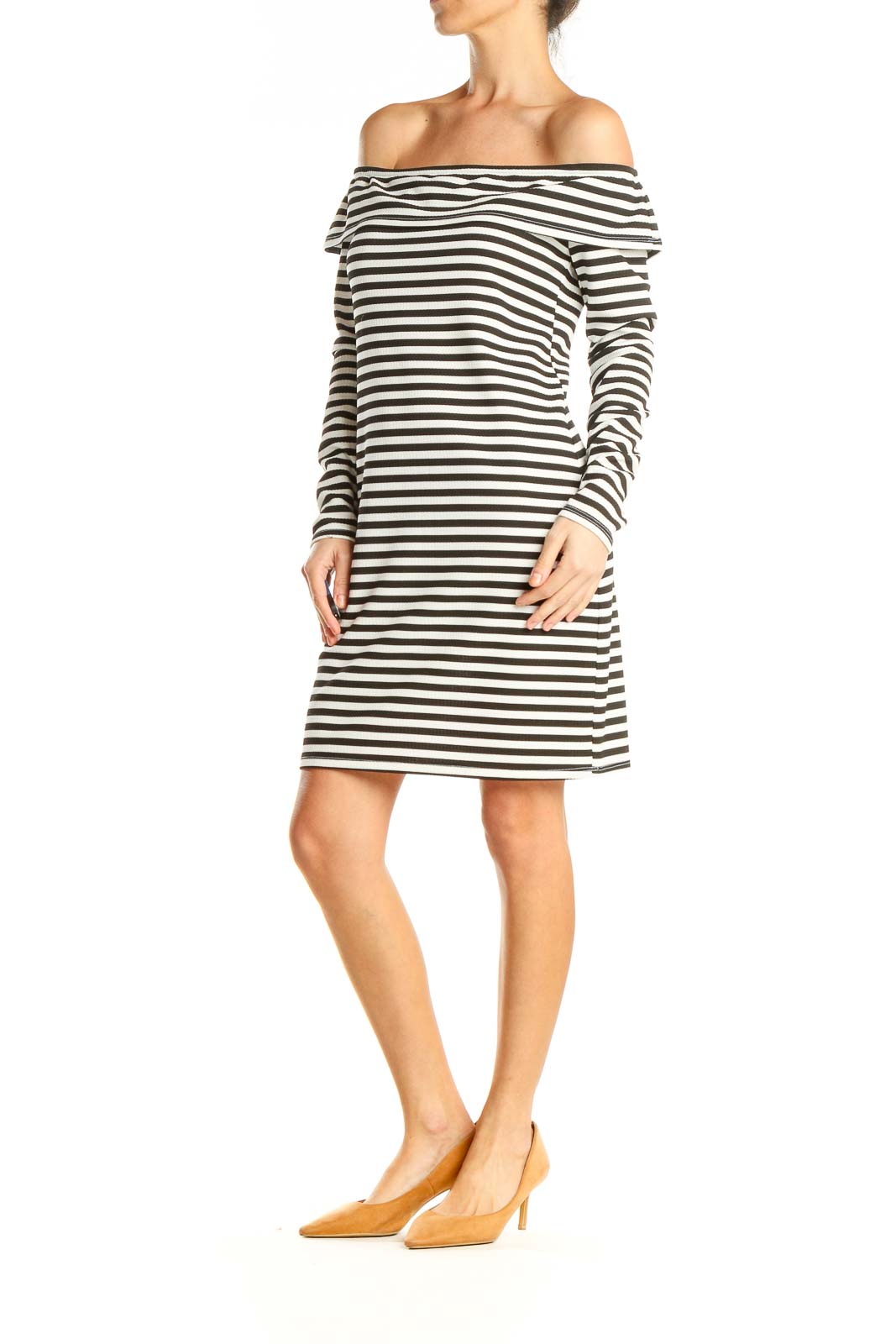 White Striped Off The Shoulder Shift Dress