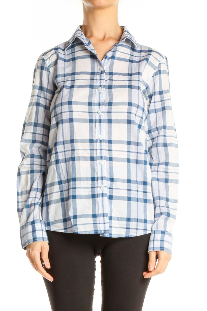 White Blue Plaid Casual Top