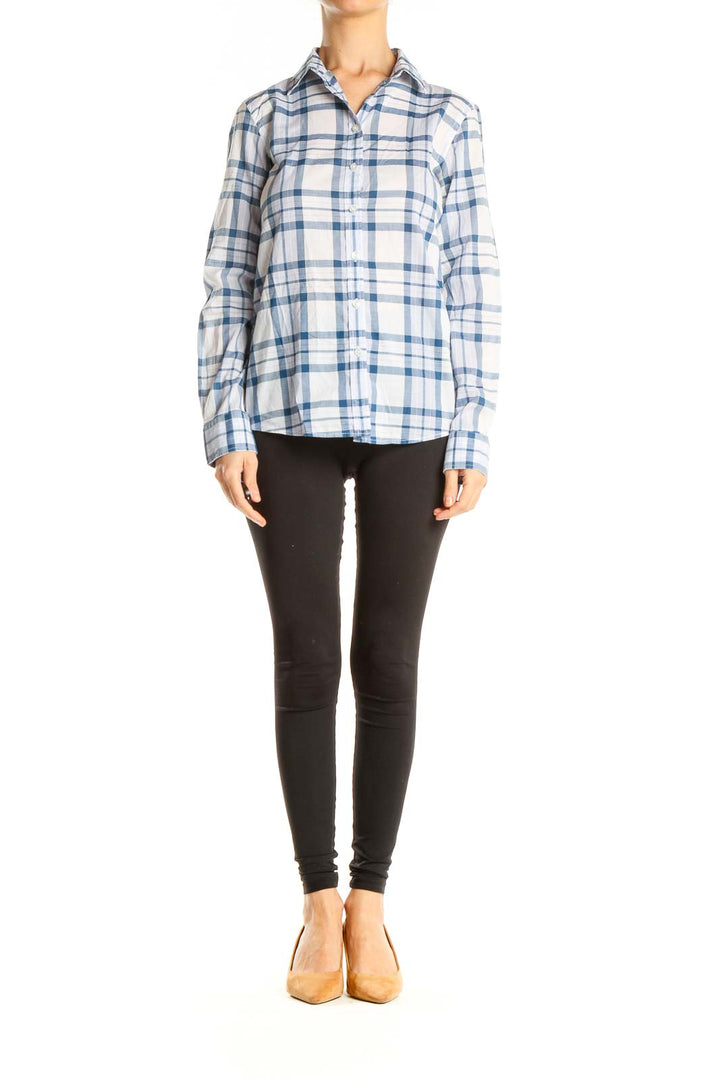 White Blue Plaid Casual Top