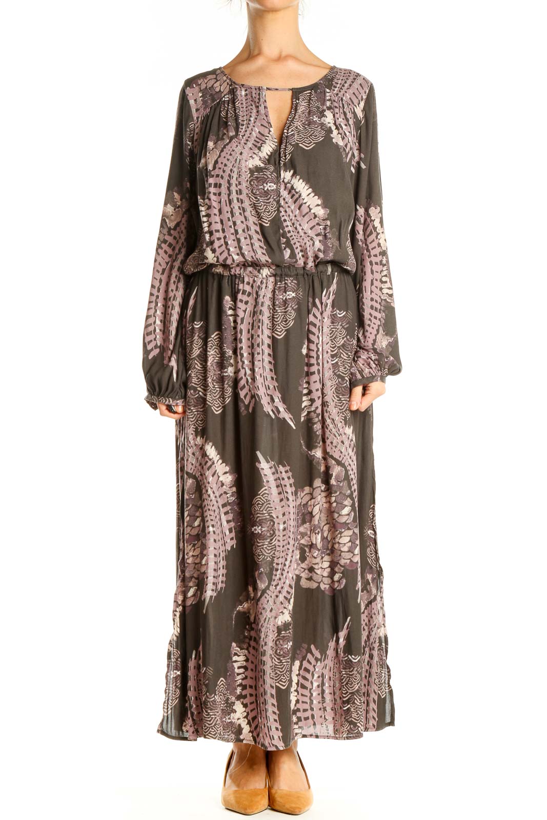 Front view of Free People brown floral maxi dress with long sleeves and keyhole neckline