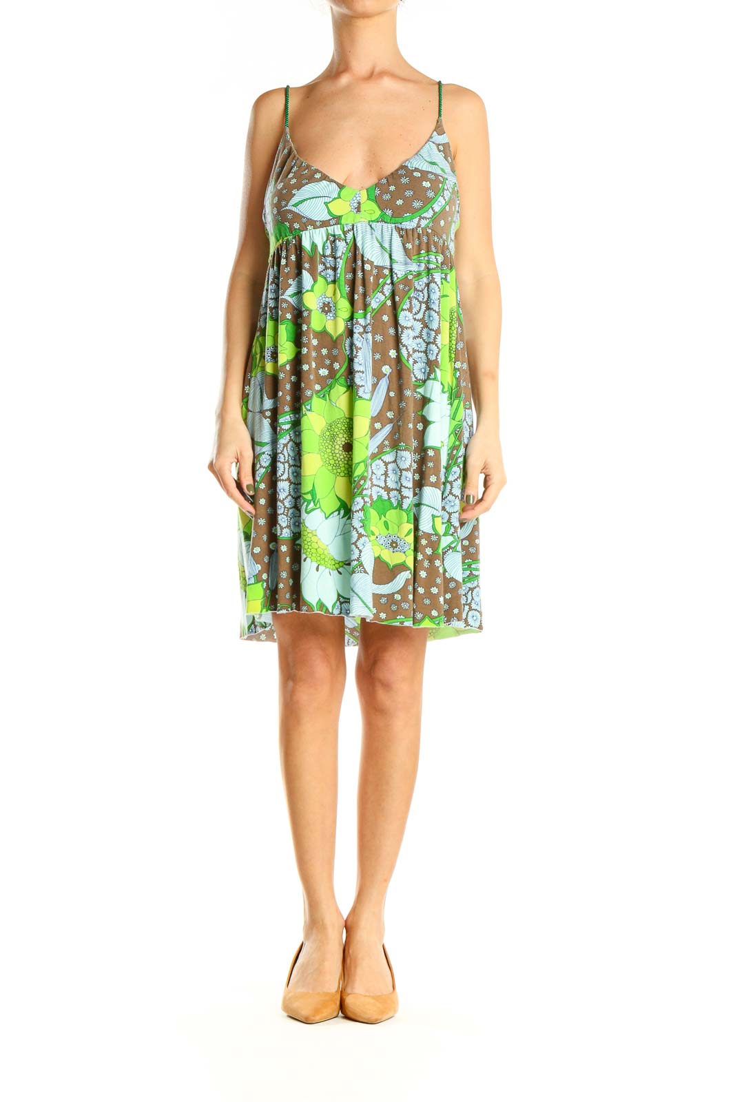 Front view of Free People green floral empire waist sundress with thin straps