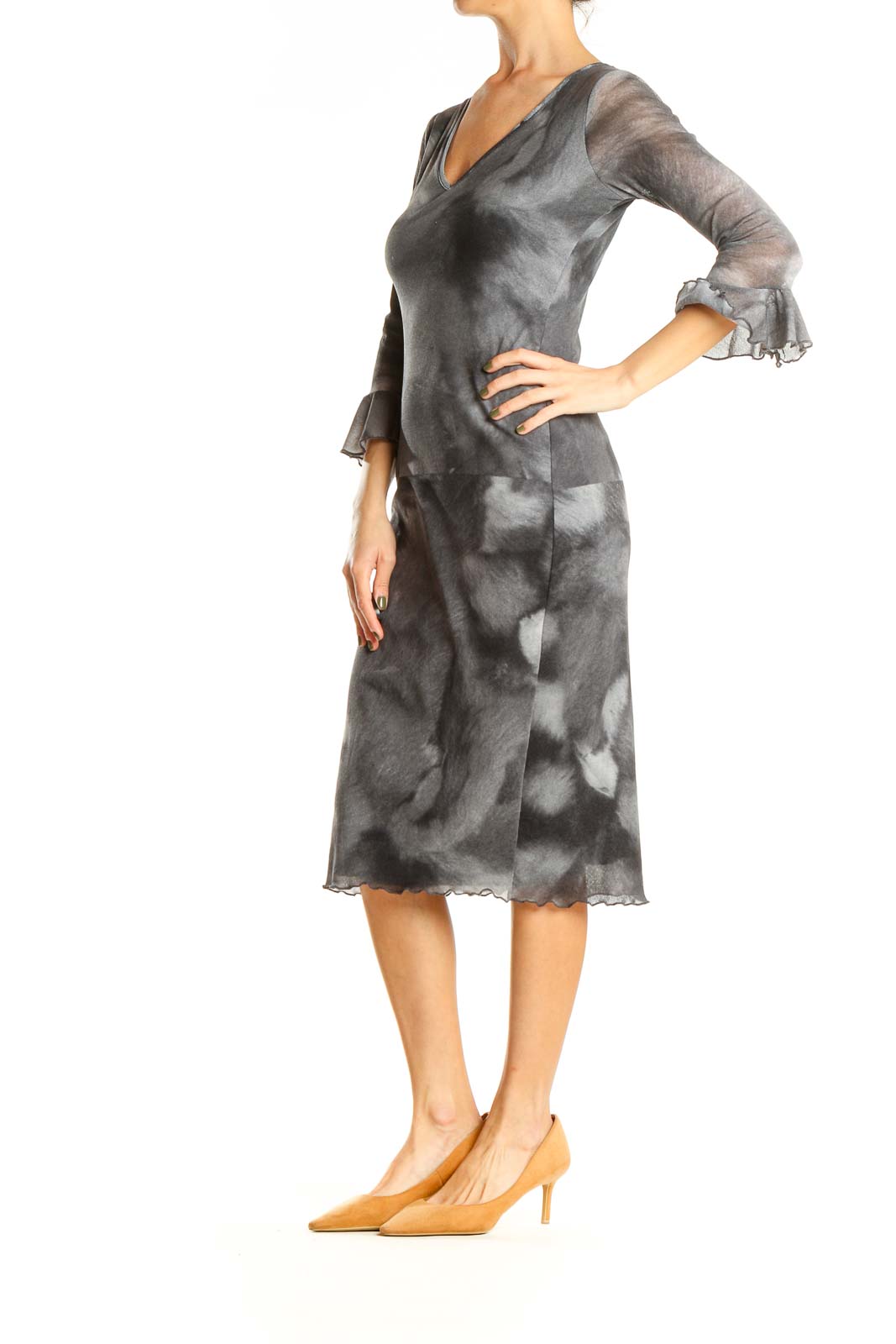 Gray Classic Sheath Dress with Ruffle Sleeves