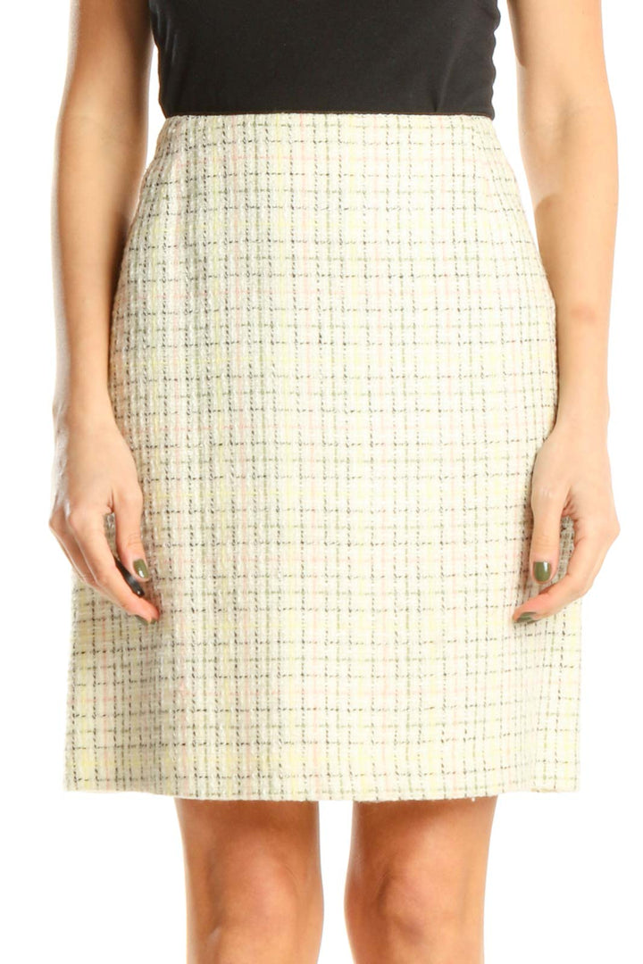 Beige Plaid Tweed Pencil Skirt