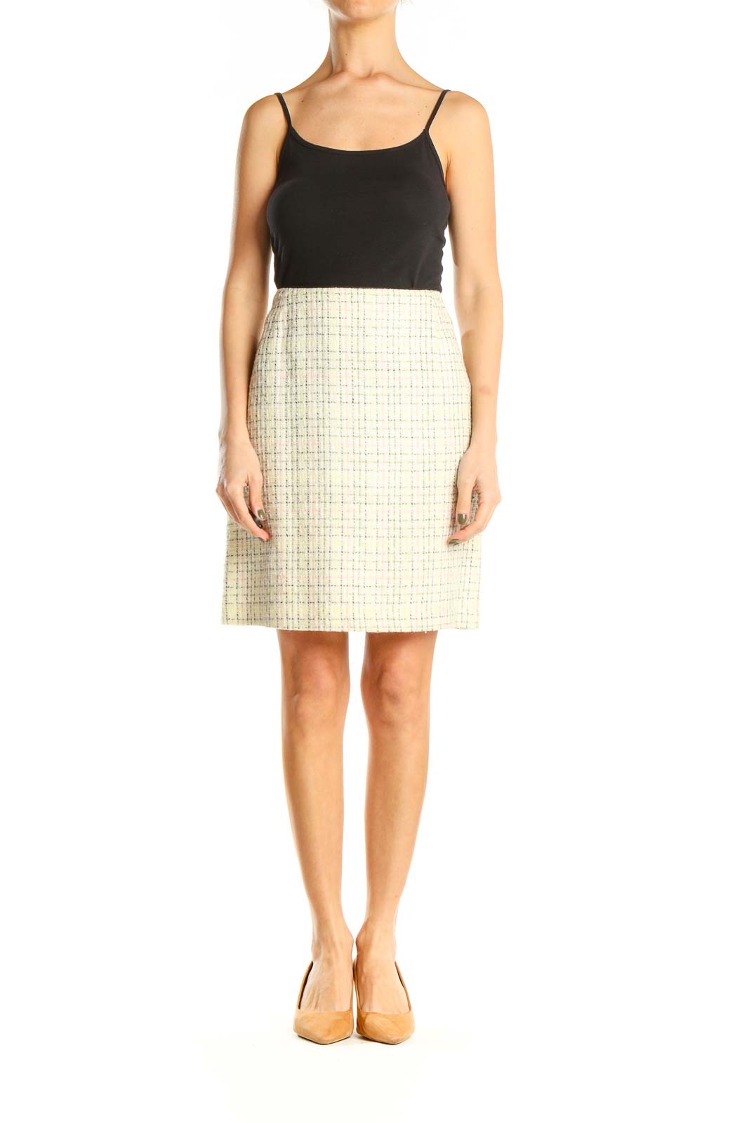 Beige Plaid Tweed Pencil Skirt