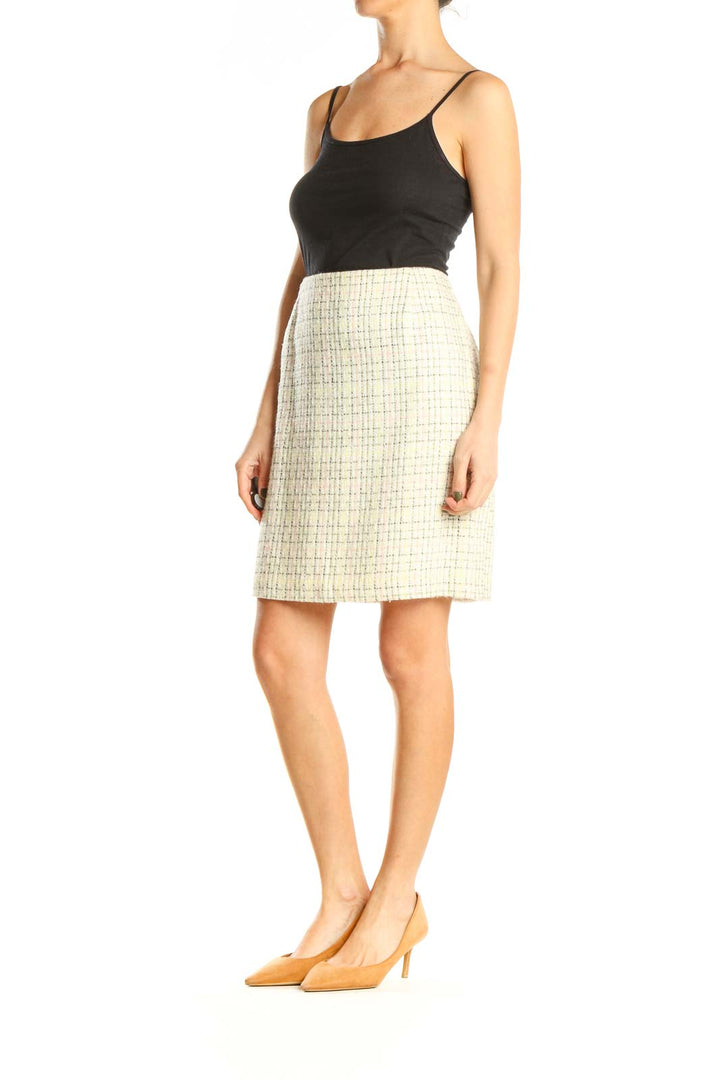 Beige Plaid Tweed Pencil Skirt