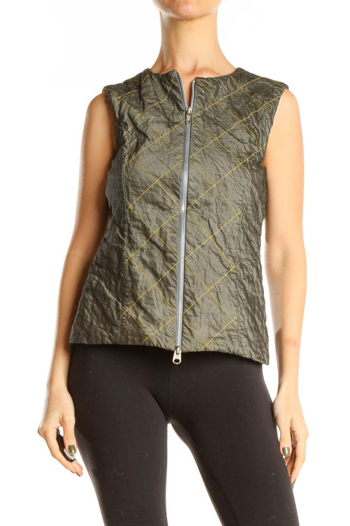 Green Printed Zip Up Vest Top