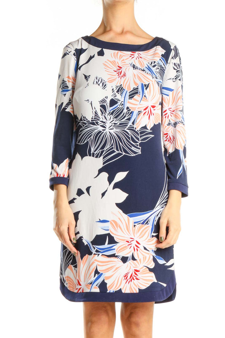 White Blue Floral Print Day Sheath Dress