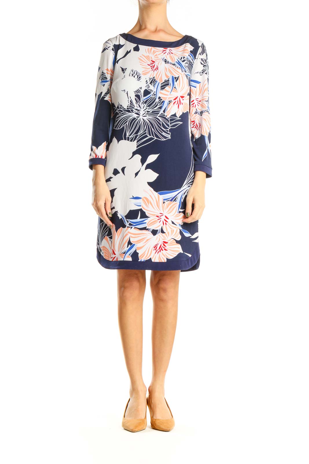 White Blue Floral Print Day Sheath Dress