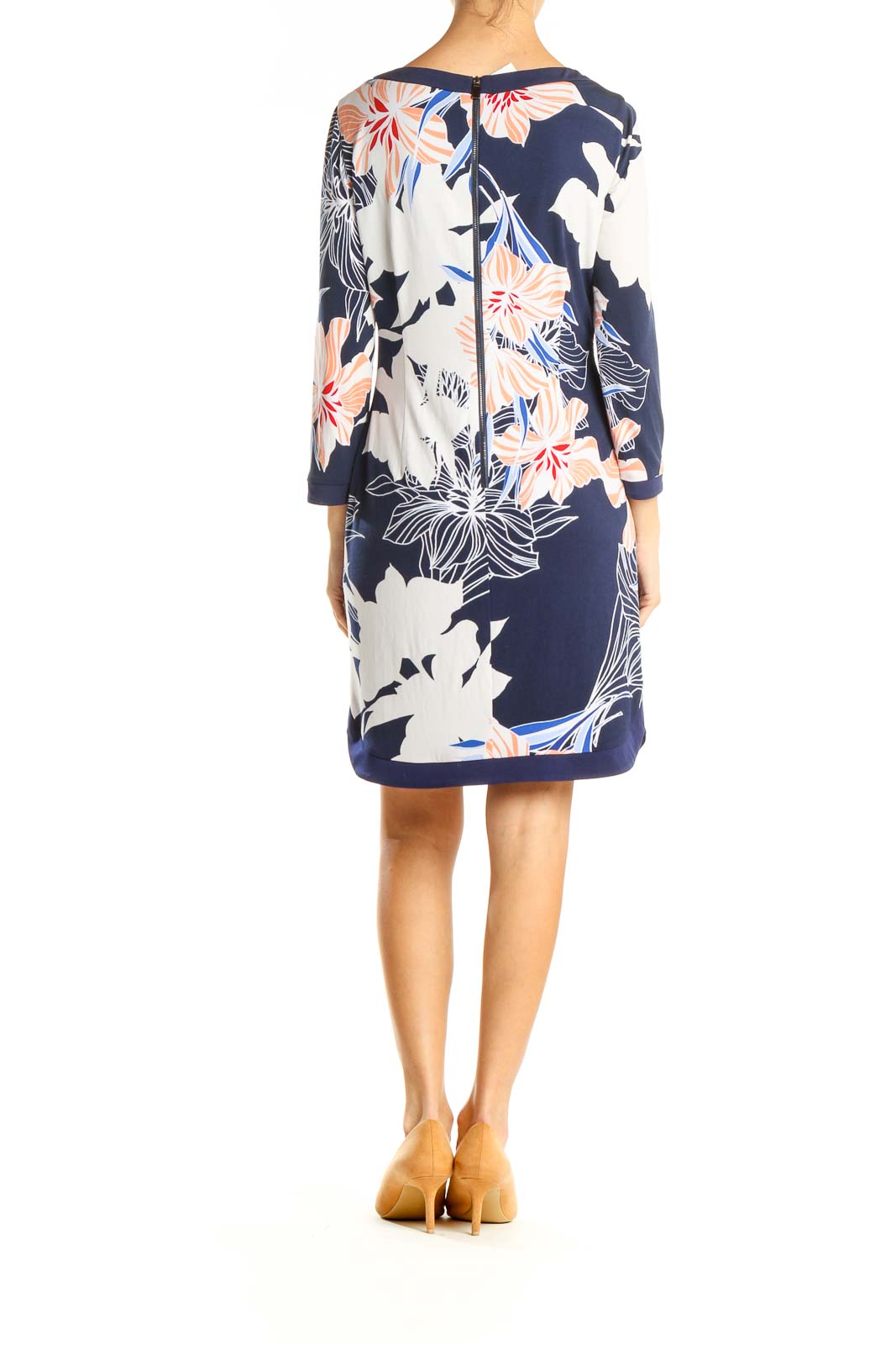 White Blue Floral Print Day Sheath Dress