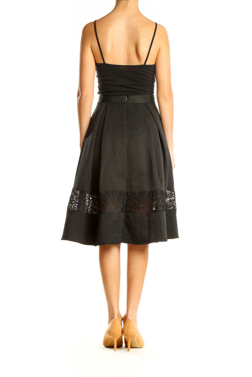 Black Retro Pleated Skirt with Lace Detail