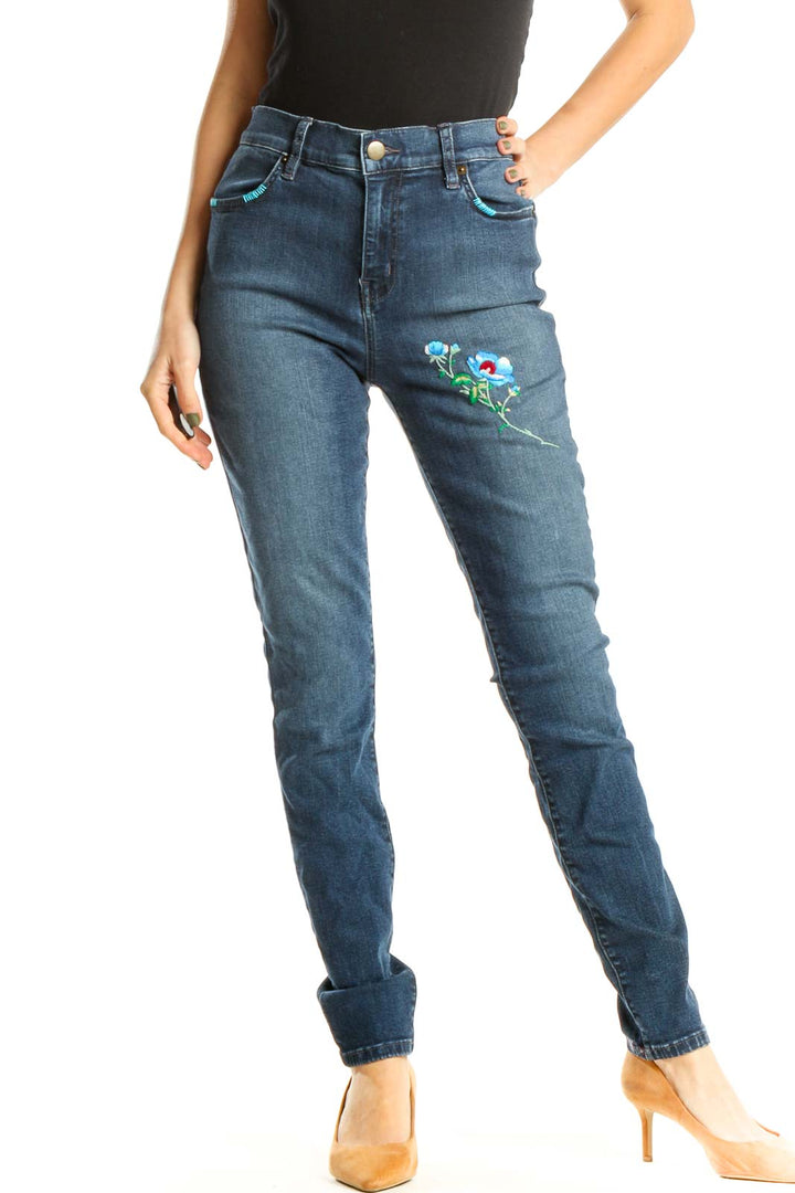 Reworked: Hand Embroidered Jeans with Blue Flowers