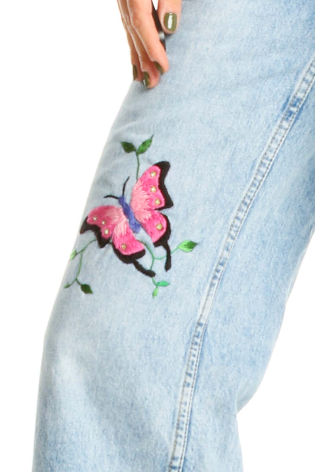 Reworked: Blue Hand Embroidered Washed Denim with Butterfly Detail