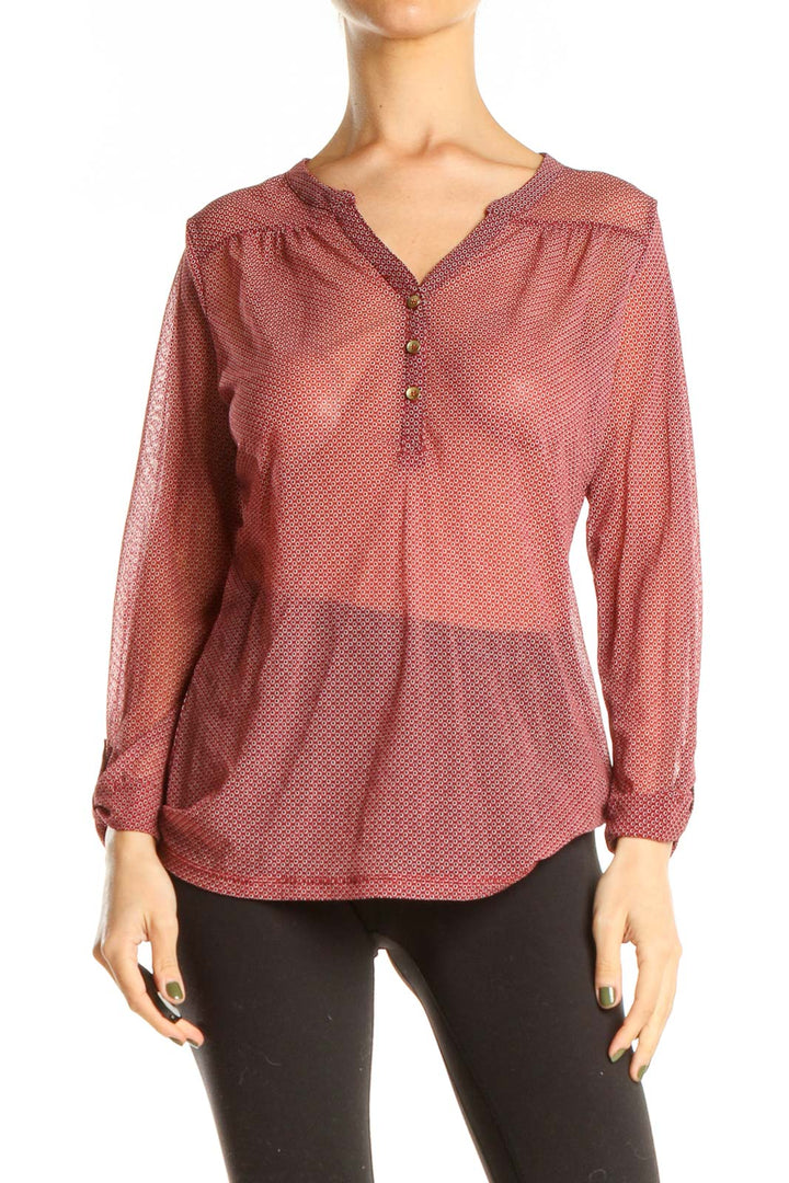 Red Geometric Print Sheer Retro Top