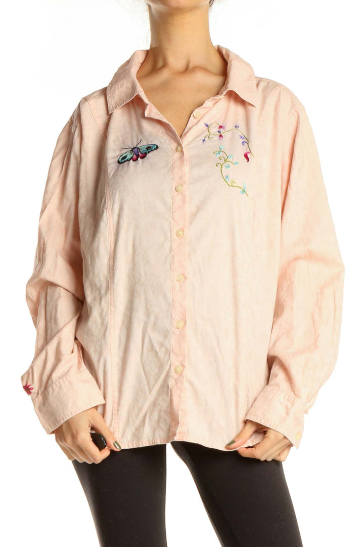 Reworked: Pink Hand Embroidered Shirt with Butterfly and Floral Details