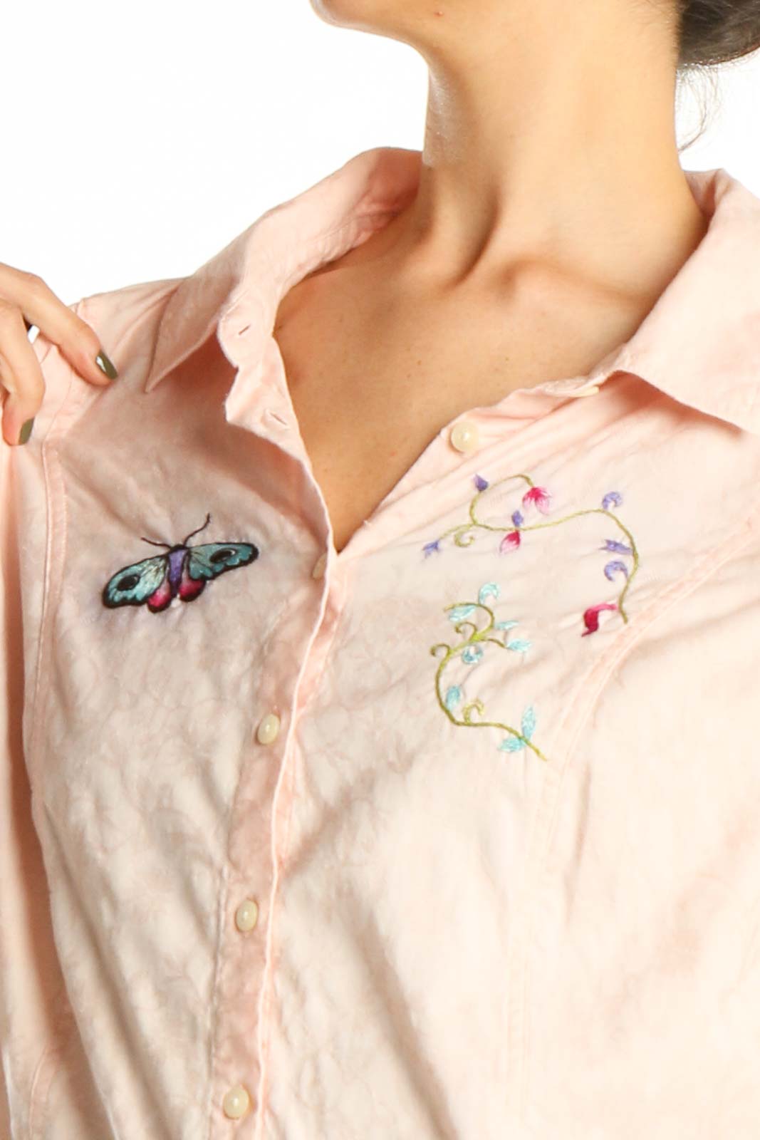 Reworked: Pink Hand Embroidered Shirt with Butterfly and Floral Details