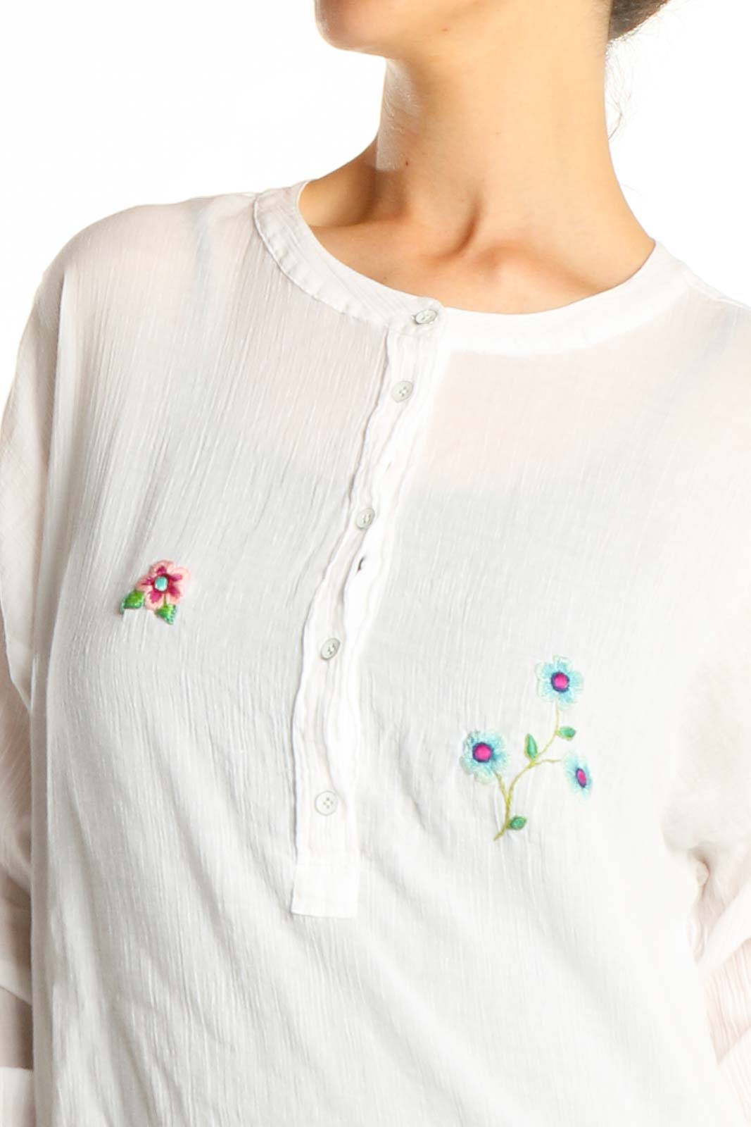 Reworked: White Hand Embroidered Flowers Linen Shirt