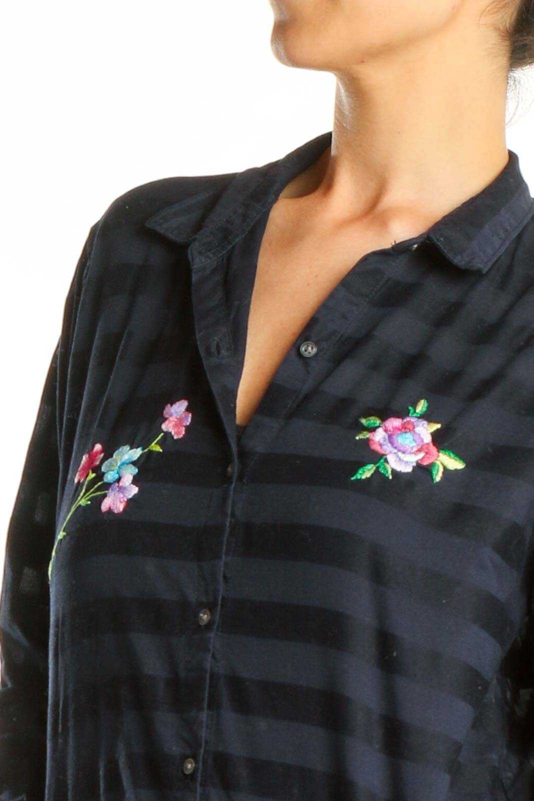 Reworked: Blue Striped Hand Embroidered Shirt with Pink Flower Details