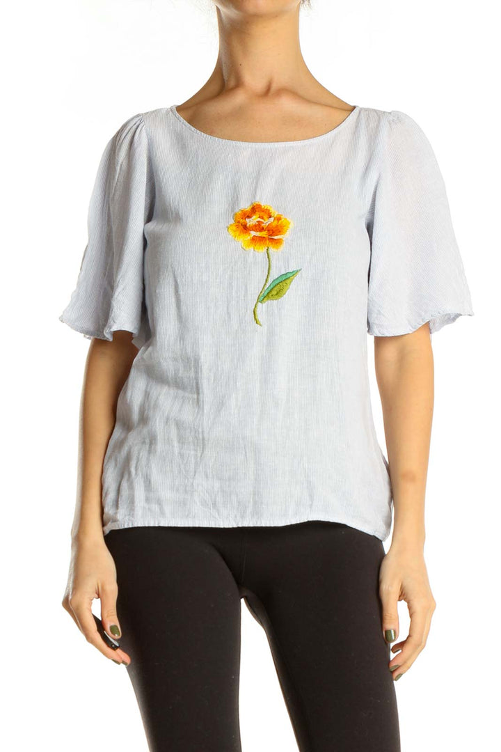 Reworked: Gray Hand Embroidered Shirt with Orange Flower