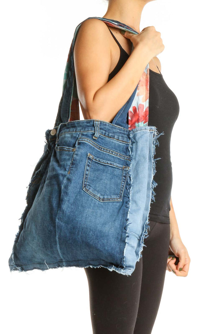 Reworked: Blue Denim Tote Bag with Side Pockets From Donated Denim