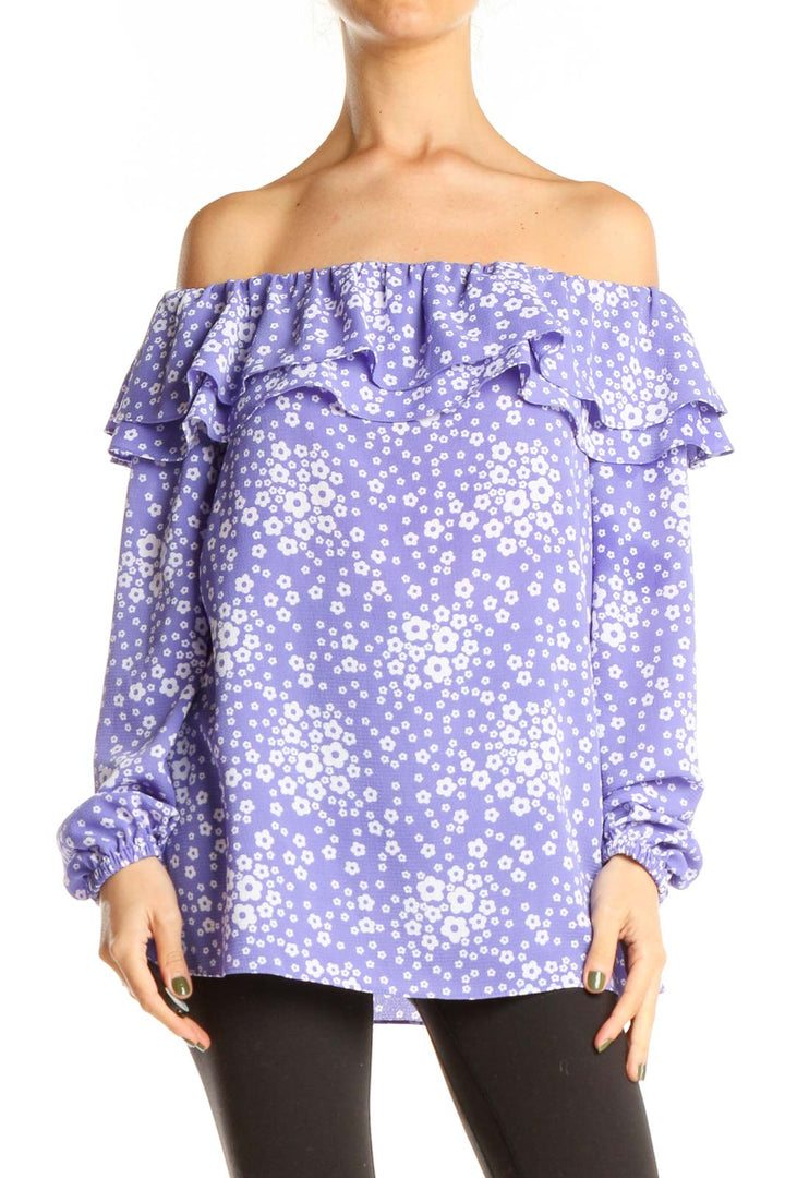 Purple Floral Print Off The Shoulder Chic Top